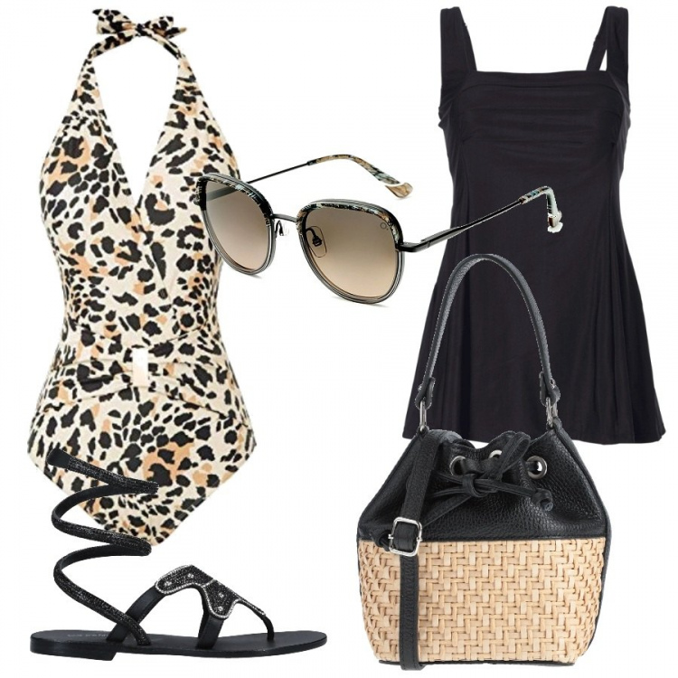 Outfit donna - Chic #25801. Stile Chic per Mare. Abbinamento con vestiti da spiaggia, infradito, borse a mano, costumi interi, occhiali da sole.