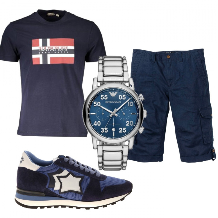 Outfit uomo - Casual #14977. Stile Casual per Tutti i giorni. Abbinamento con bermuda, orologio, t-shirt, sneakers.