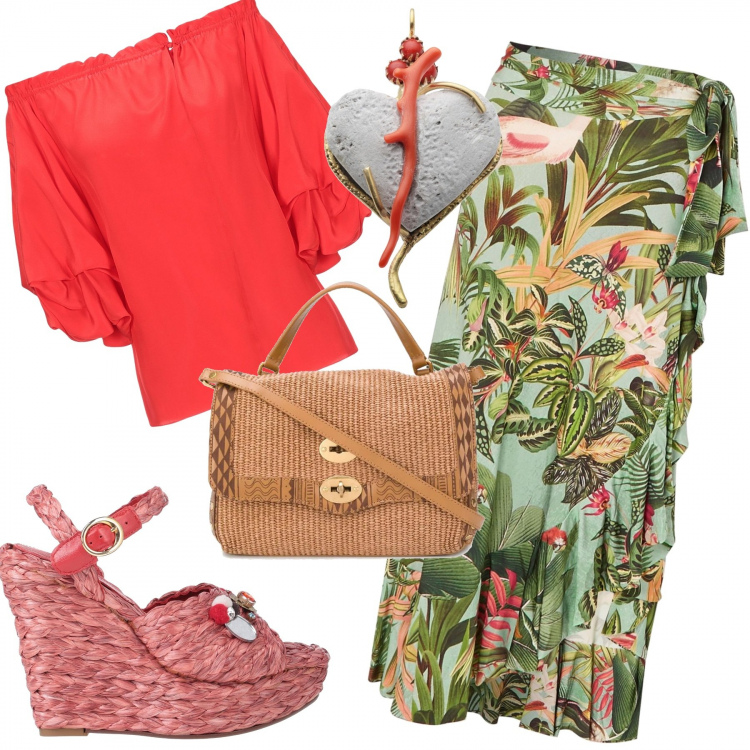 Outfit mujer - Trendy #48349. Estilo Trendy para Todos los días. Combinación con falda longuette, sandalias, blusas, bolso shopper, colgantes.