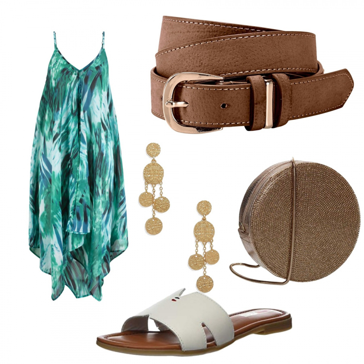 Outfit femme - Tropical mood. Style Basique pour Plage. Assortir avec robes asymétriques, ceintures, pochette, boucles d'oreilles, pantoufles.
