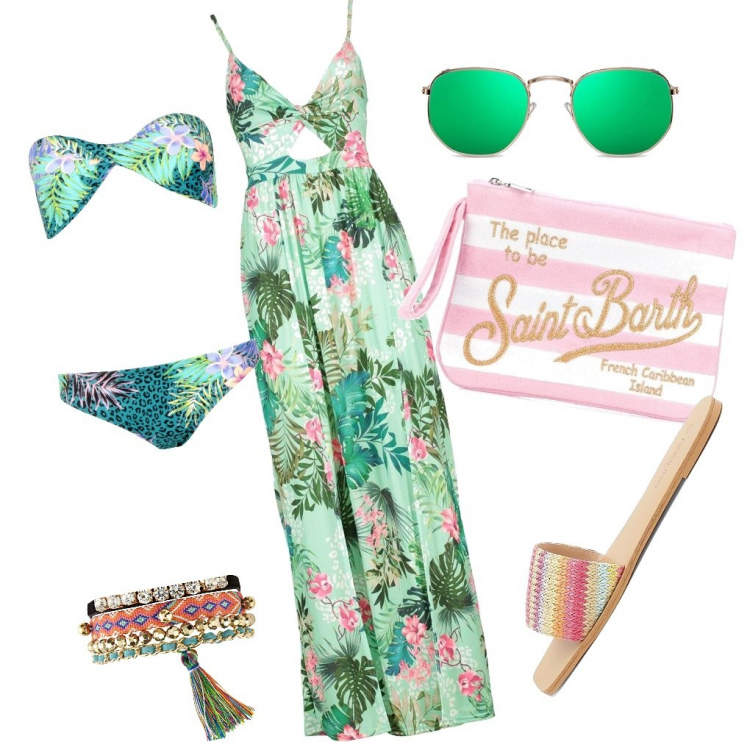Outfit femme - Tropical en Méditerranée. Style Tendance pour Plage. Assortir avec bracelets, robes longues, maillot de bain 2 pièces, mules, pochette, lunettes de soleil.