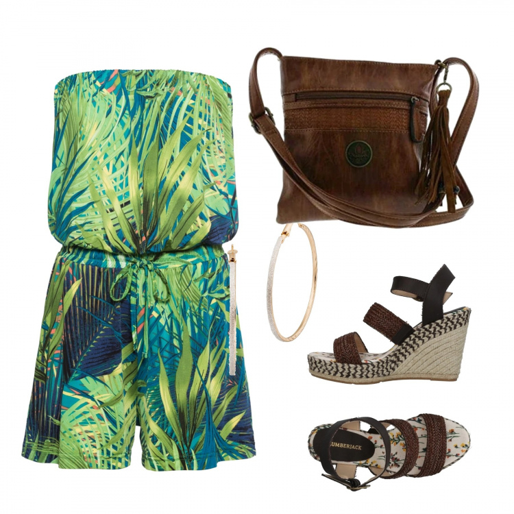 Outfit femme - Amazone. Style Tendance pour Tous les jours. Assortir avec combishort, boucles d'oreilles, sandales, sacs à main.