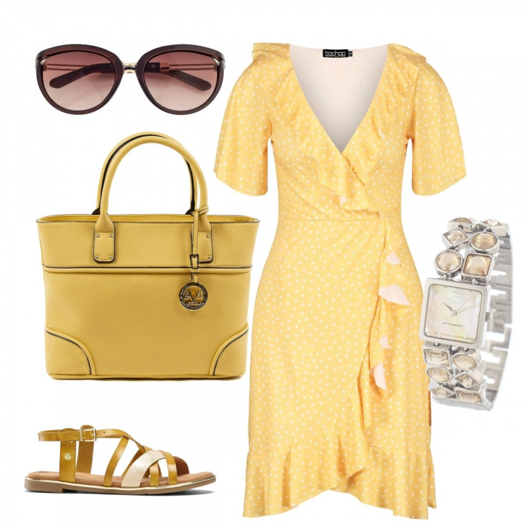 Outfit donna - Giallo sole. Stile Trendy per Tutti i giorni. Abbinamento con bermuda, occhiali da sole, vestiti corti, borse a mano, orologi.