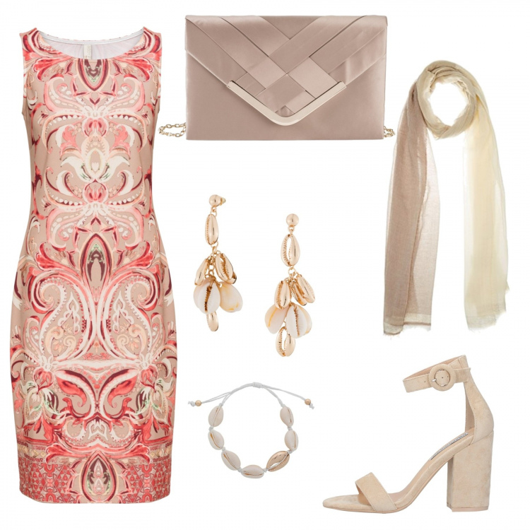 Outfit donna - Sfumature di beige. Stile Chic per Cerimonia. Abbinamento con gonne, maglieria, orecchini, sandali col tacco, stole.