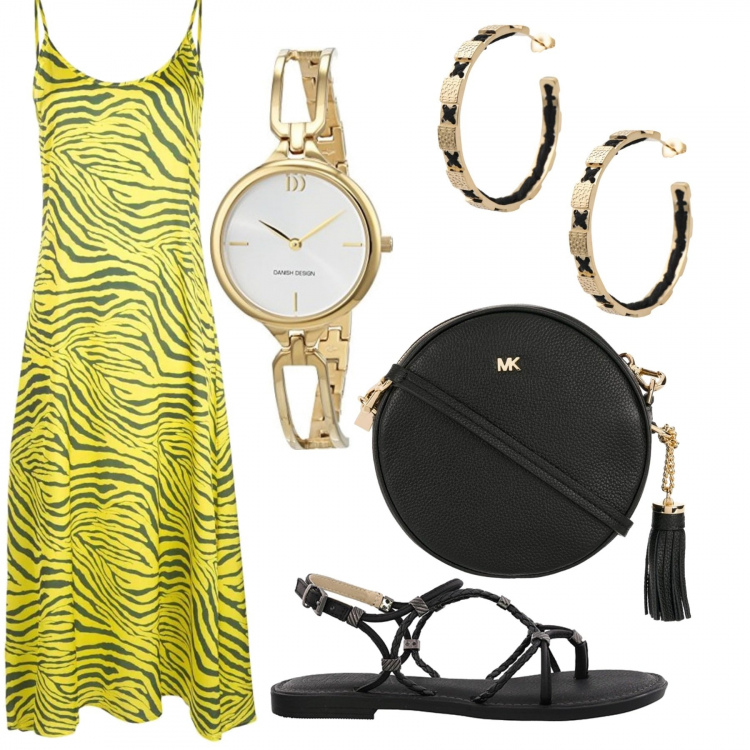 Outfit mujer - Tropical. Estilo Chic para Todos los días. Combinación con relojes analógicos, sandalias, vestidos, colgantes, pendientes.