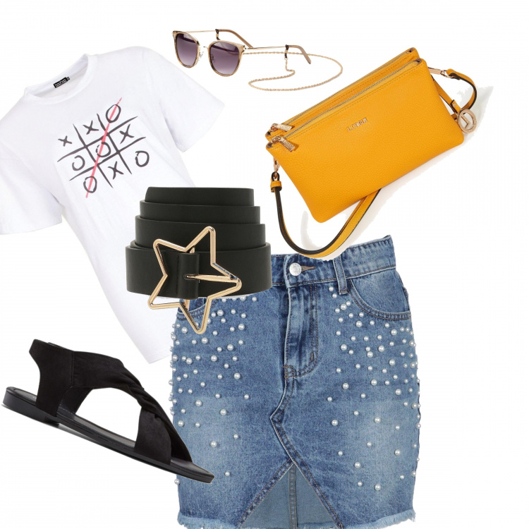 Outfit femme - On adore. Style Tendance pour Tous les jours. Assortir avec sandales, lunettes de soleil, jupes, t-shirts, ceintures, sacs à l'épaule.