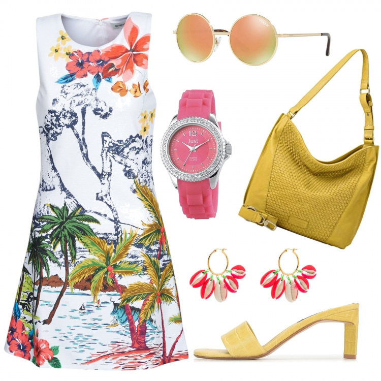 Outfit mujer - Palmeras tropicales. Estilo Trendy para Todos los días. Combinación con bolso shopper, reloj, vestidos, pendientes, pantuflas, gafas de sol.