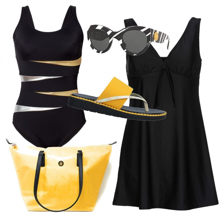 Outfit donna - Trendy #48505. Stile Trendy per Mare. Abbinamento con costumi interi, vestiti da spiaggia, infradito, borse tote, occhiali da sole.