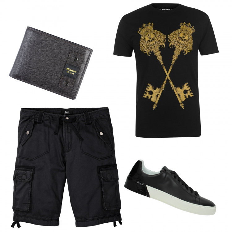 Outfit uomo - Coppia di chiavi. Stile Trendy per Tutti i giorni. Abbinamento con bermuda, portafogli, sneakers, t-shirt.