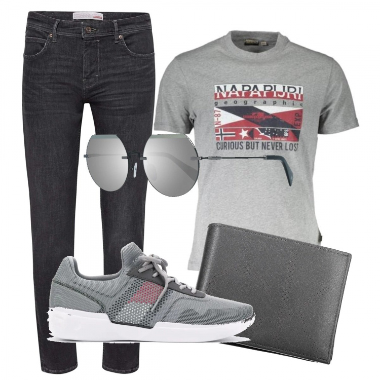 Outfit uomo - Trendy #6191. Stile Trendy per Tutti i giorni. Abbinamento con sneakers, jeans, portafogli, t-shirt, occhiali da sole.