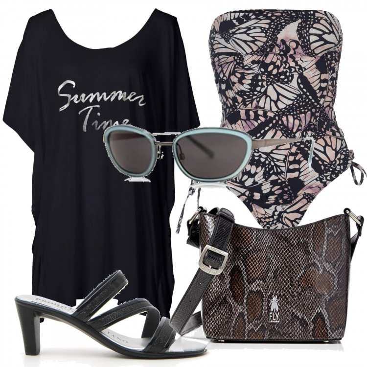 Outfit donna - Summer is magic. Stile Rock per Tutti i giorni. Abbinamento con vestiti da spiaggia, costumi interi, ciabatte, occhiali da sole, borse a tracolla.
