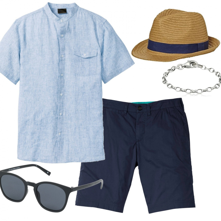 Outfit uomo - #easy&blue. Stile Urban per Mare. Abbinamento con camicie a manica corta, bermuda, occhiali da sole, braccialetti, cappelli.