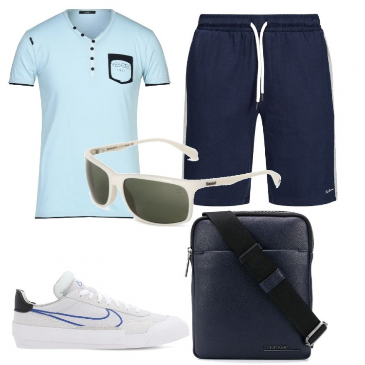 Outfit uomo - Urban #7525. Stile Urban per Tutti i giorni. Abbinamento con borsa messenger, t-shirt, pantaloni corti, occhiali da sole, sneakers.