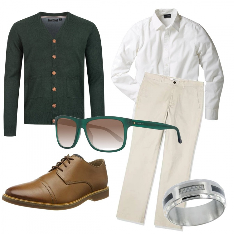Outfit uomo - Trendy. Stile Trendy per Tutti i giorni. Abbinamento con camicie, occhiali da sole, cardigans, anelli, pantaloni chino, scarpe stringate.