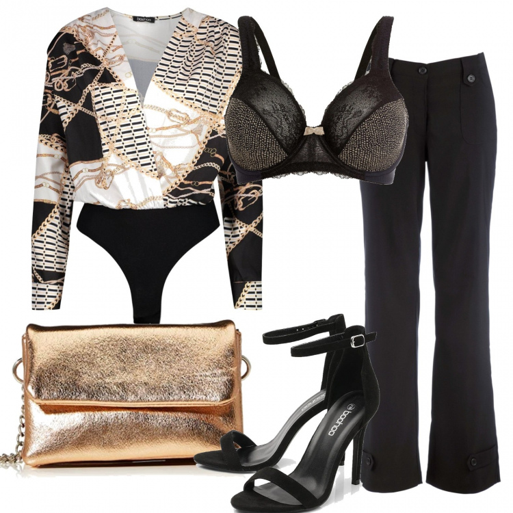 Outfit donna - Incontro a due. Stile Bon Ton per Serata fuori. Abbinamento con pantaloni, reggiseni, top, scarpe col tacco, borse a tracolla.