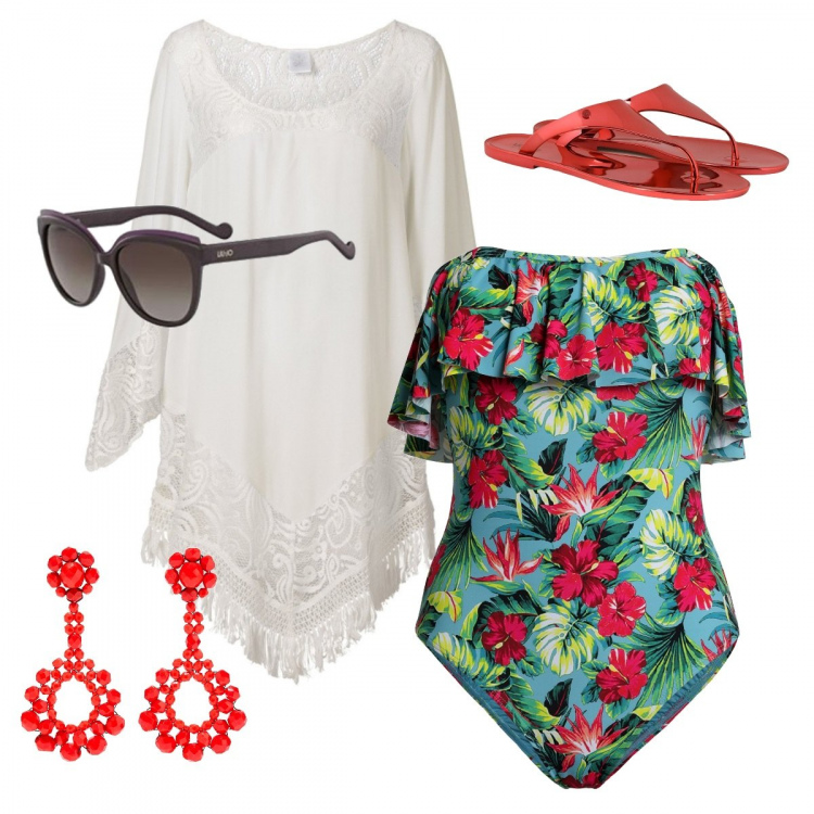 Outfit donna - Un\'estate al mare. Stile Trendy per Mare. Abbinamento con vestiti da spiaggia, costumi interi, infradito, orecchini, occhiali da sole.