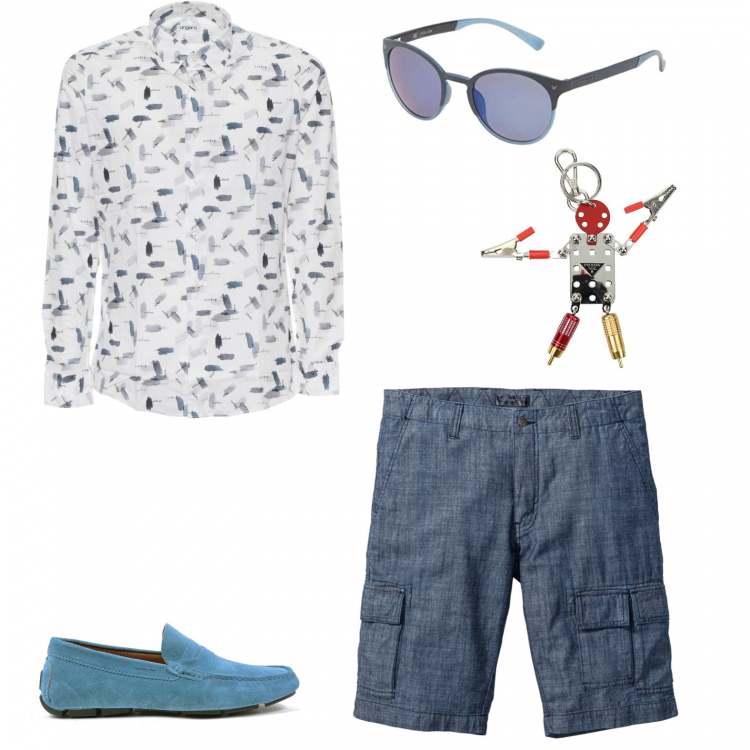 Outfit uomo - Casual #15061. Stile Casual per Tutti i giorni. Abbinamento con portachiavi, occhiali da sole, scarpe stringate, camicie, bermuda.