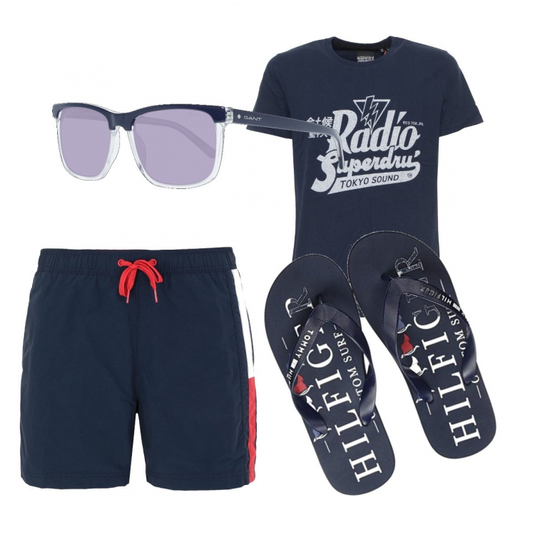 Outfit uomo - Trendy #6209. Stile Trendy per Mare. Abbinamento con costumi, t-shirt, sandali, occhiali da sole.
