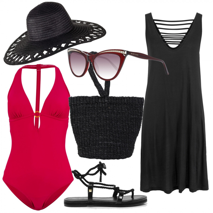 Outfit donna - Il costume rosso. Stile Sexy per Mare. Abbinamento con vestiti da spiaggia, vestiti, cappelli, borse a mano, sandali, occhiali da sole.