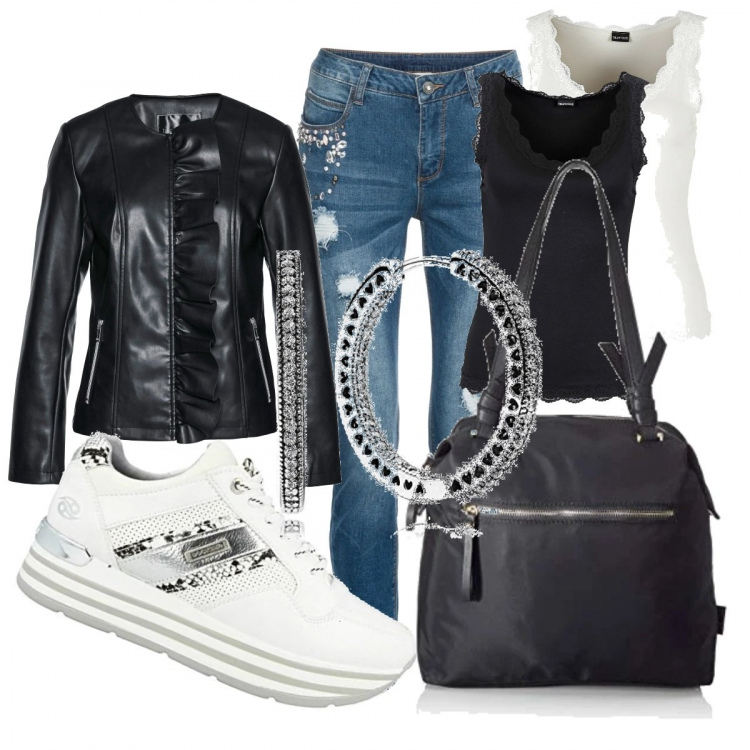 Outfit donna - Urban #17809. Stile Urban per Tutti i giorni. Abbinamento con top, blazer, jeans strappati, sneakers, borse tote, orecchini.