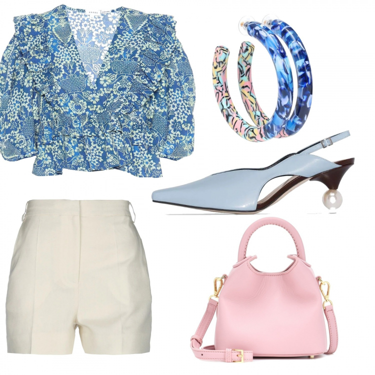 Outfit femme - Fleurs et couleurs pastelles. Style Tendance pour Tous les jours. Assortir avec sacs à l'épaule, chaussures à talon, short, hauts, boucles d'oreilles.