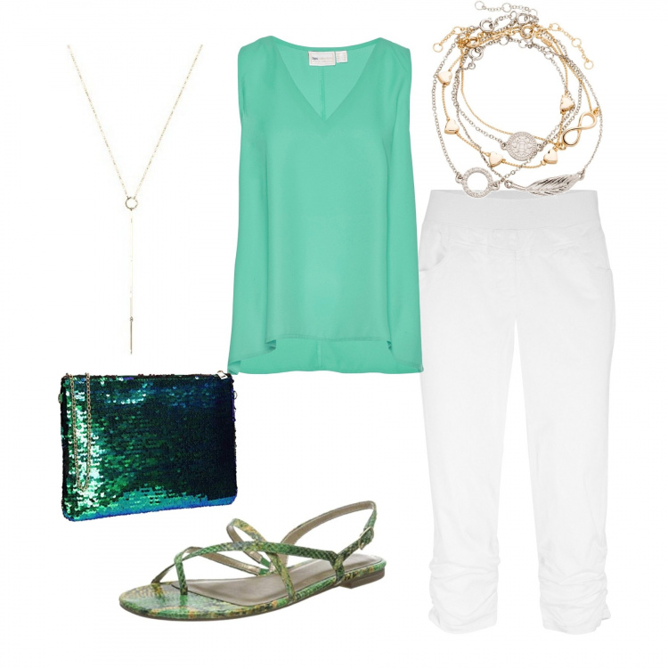 Outfit donna - Curvy summer night on the beach. Stile Chic per Serata fuori. Abbinamento con pantaloni, braccialetti con ciondoli, top, infradito, pochette, collane.