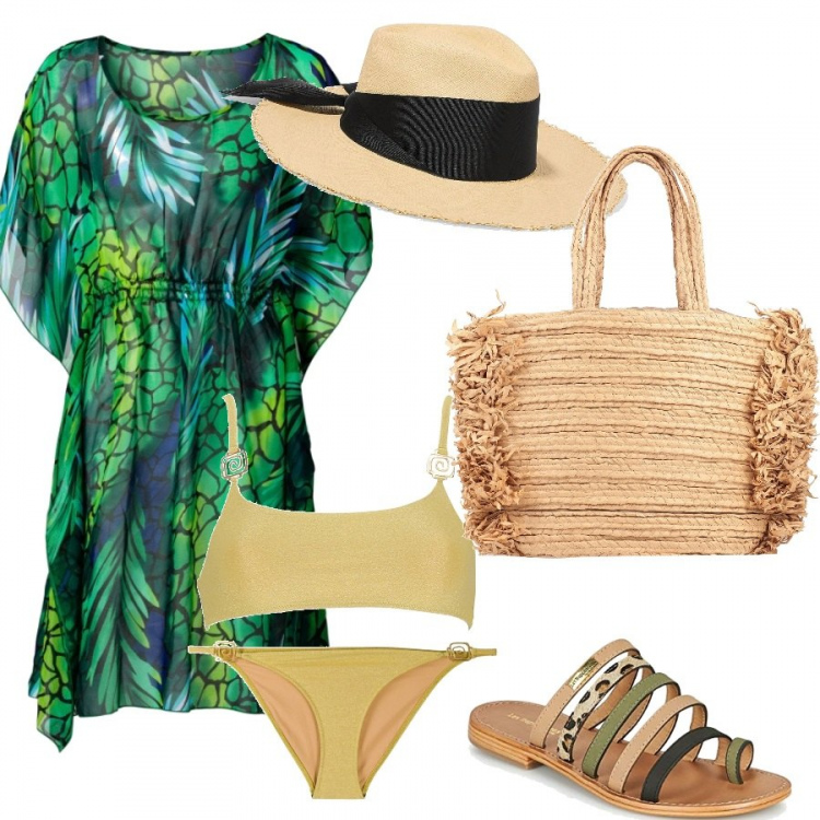 Outfit donna - Green anche in spiaggia. Stile Etnico per Mare. Abbinamento con vestiti da spiaggia, borse a spalla, cappelli, bikini, ciabatte, bikini.