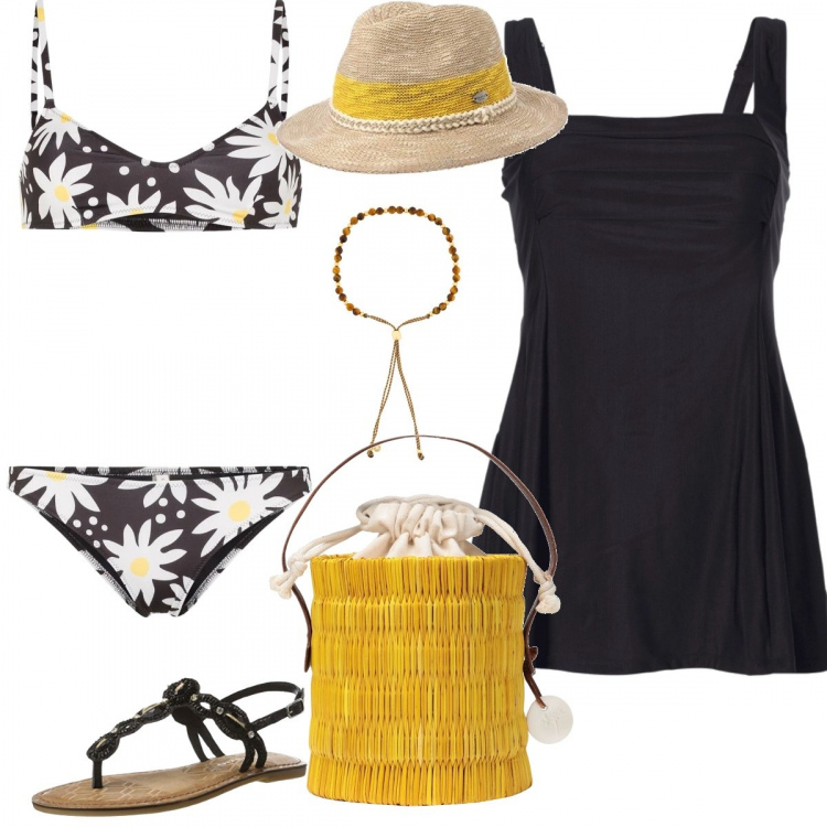 Outfit donna - Con la Paglia color del Sole. Stile Bon Ton per Mare. Abbinamento con vestiti da spiaggia, borse a mano, bikini, braccialetti, infradito, cappelli.
