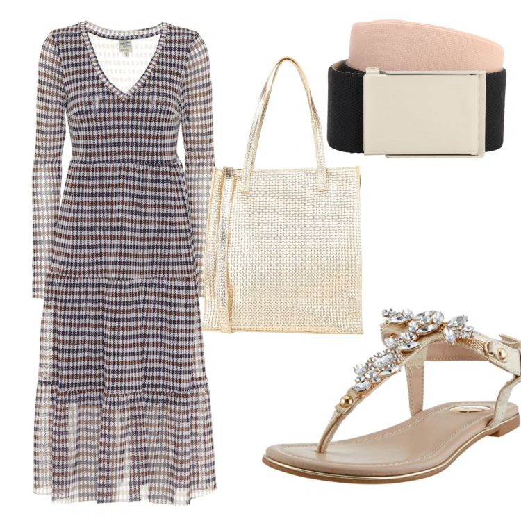 Outfit donna - Abito e oro. Stile Trendy per Tutti i giorni. Abbinamento con borse a mano, vestiti midi/longuette, infradito, cinture.