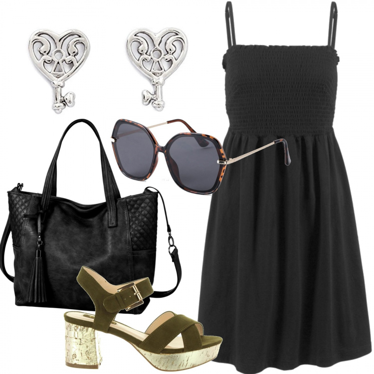 Outfit donna - Summer season 22. Stile Trendy per Tutti i giorni. look ideale per Tall. Abbinamento con vestiti, shopping bag, occhiali da sole, sandali, orecchini.