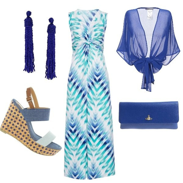 Outfit donna - A cena fuori. Stile Bon Ton per Serata fuori. Abbinamento con top, orecchini, vestiti, sandali, clutch.
