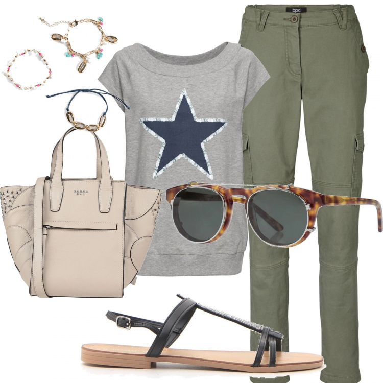 Outfit donna - Fashion Desire. Stile Trendy per Tutti i giorni. Abbinamento con t-shirt, pantaloni cargo, costumi interi, borse a mano, occhiali da sole, sandali.