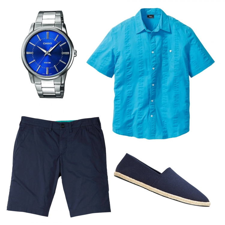 Outfit uomo - Blu e azzurro come il mare. Stile Trendy per Tutti i giorni. Abbinamento con bermuda, camicie a manica corta, espadrillas, orologi analogici.
