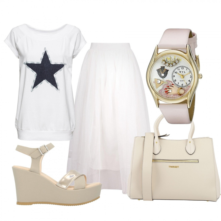 Outfit donna - Basic #29800. Stile Basic per Tutti i giorni. Abbinamento con t-shirt, sandali in pelle, borse a mano, gonne longuette, orologi.