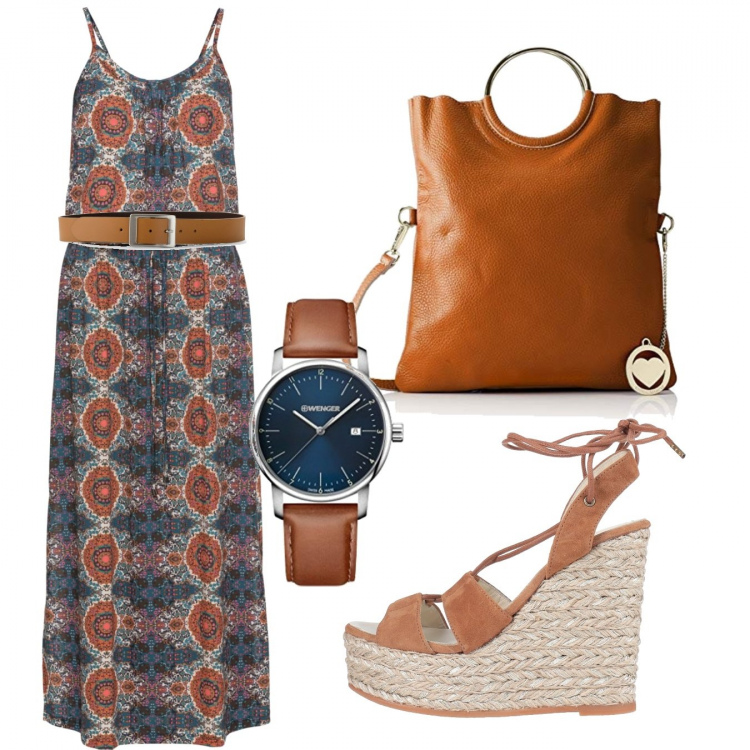 Outfit donna - Trendy #49113. Stile Trendy per Tutti i giorni. Abbinamento con vestiti lunghi, cinture, sandali col tacco, borse a spalla, orologi analogici.