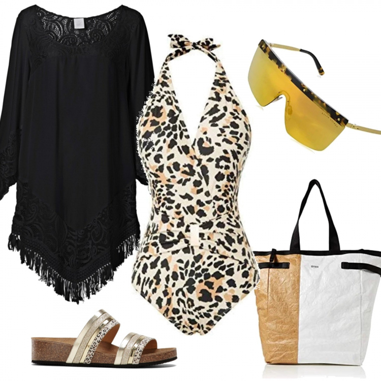 Outfit donna - Etnico #4606. Stile Etnico per Mare. Abbinamento con vestiti da spiaggia, ciabatte, costumi interi, borse tote, occhiali da sole.