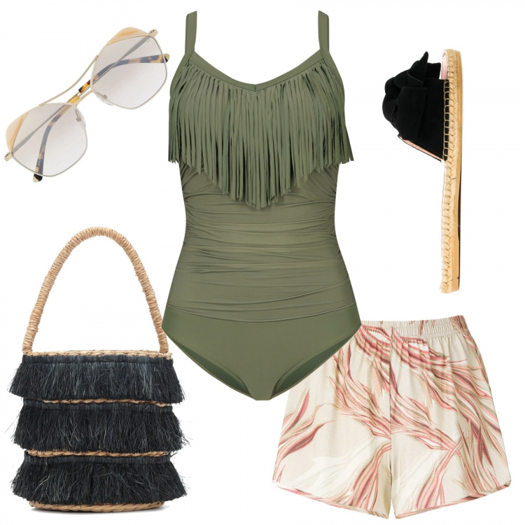 Outfit donna - Costume intero con frange. Stile Trendy per Mare. Abbinamento con costumi interi, shorts, occhiali da sole, ciabatte, borse a secchiello.