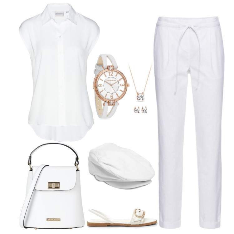 Outfit donna - Bianca e fresca estate. Stile Basic per Tutti i giorni. Abbinamento con pantaloni, camicie, borse a mano, sandali, orologi, cappelli.