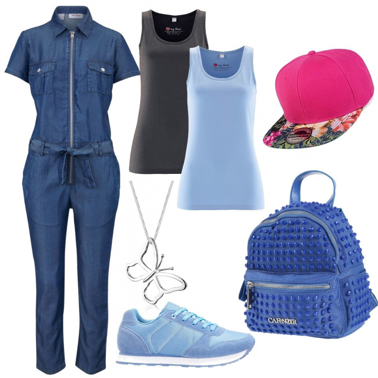 Outfit donna - Urban for curvy. Stile Urban per Tutti i giorni. Abbinamento con canottiere, tute, sneakers, zaini, ciondoli, cappelli con visiera.