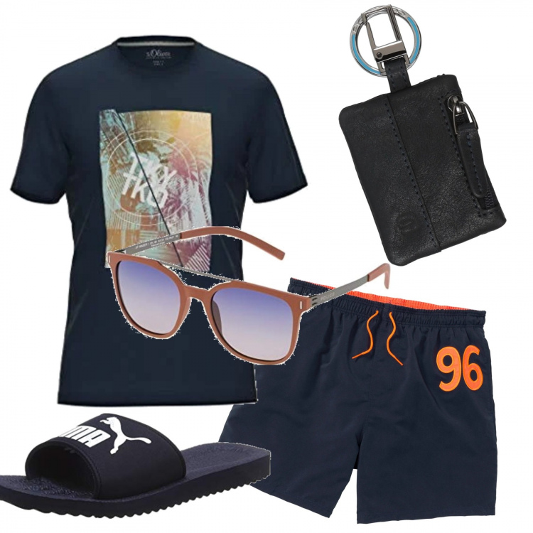 Outfit uomo - Impegni full time. Stile Casual per Tutti i giorni. Abbinamento con pantaloni corti, portachiavi, t-shirt, sandali, occhiali da sole.