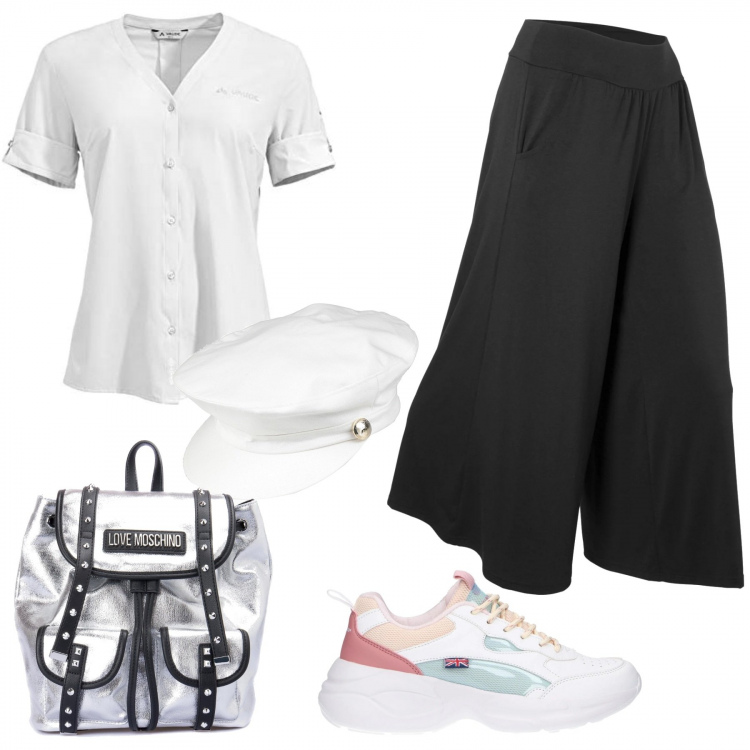 Outfit donna - Curvy style: urban. Stile Urban per Tutti i giorni. Abbinamento con pantaloni culotte, cappelli, sneakers, camicie a manica corta, zaini.