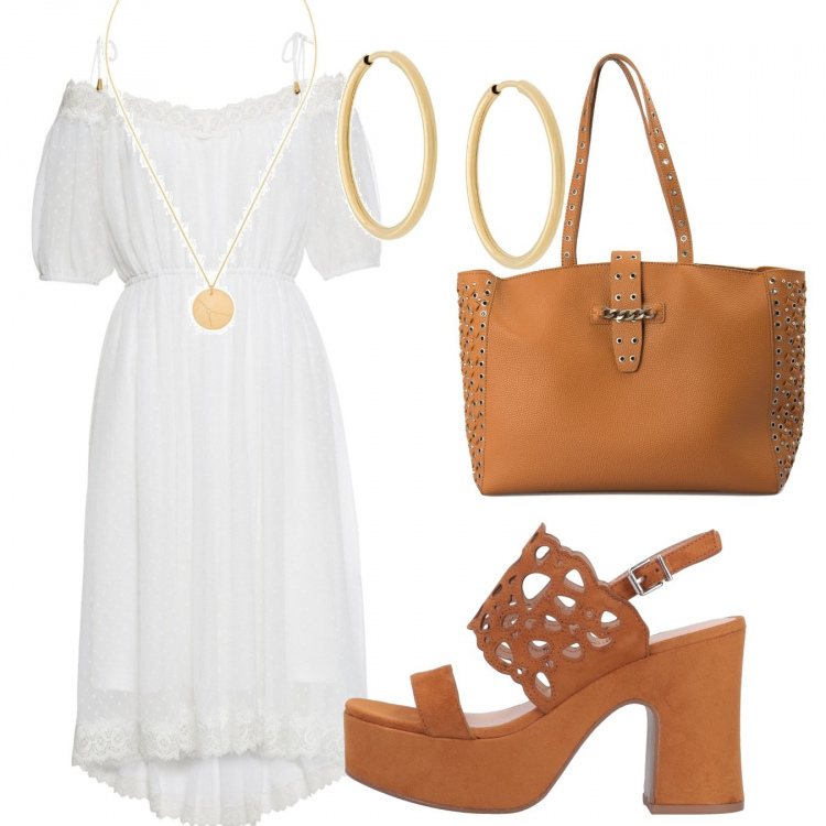 Outfit donna - Trendy #49284. Stile Trendy per Tutti i giorni. Abbinamento con vestiti, sandali col tacco, ciondoli, orecchini, shopping bag.