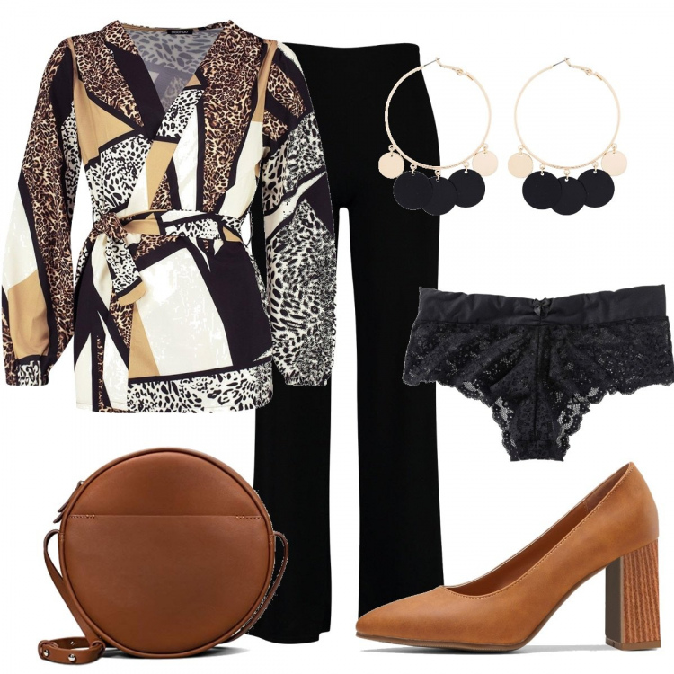 Outfit donna - Sotto, sotto... sexy. Stile Chic per Serata fuori. Abbinamento con culotte, maglieria, orecchini, bluse, pantaloni a palazzo, borse a spalla.