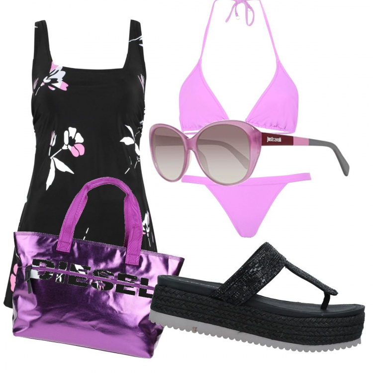 Outfit donna - Trendy #49378. Stile Trendy per Mare. Abbinamento con collant, infradito, reggiseni, borse a mano, slip, occhiali da sole.