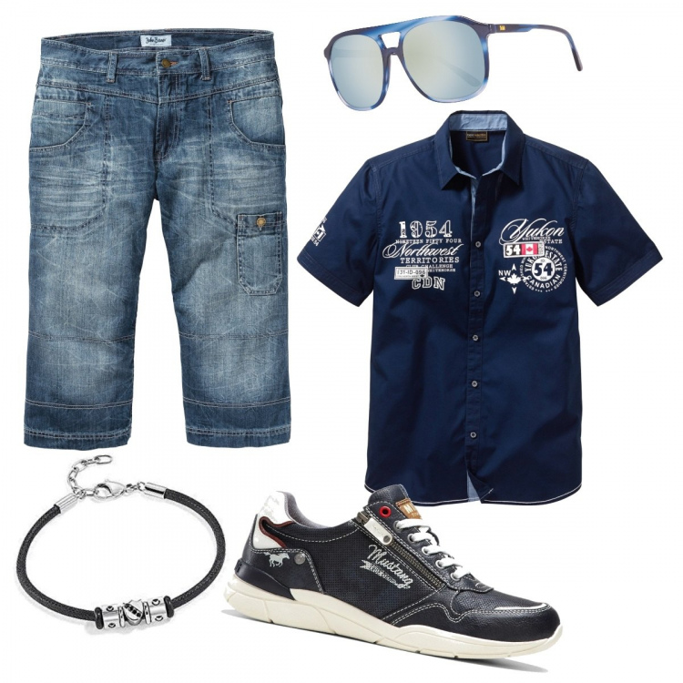 Outfit uomo - Aperitivo audace. Stile Casual per Tutti i giorni. Abbinamento con camicie a manica corta, jeans dritti, sneakers, occhiali da sole, braccialetti.