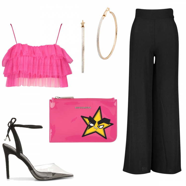 Outfit donna - Crop tulle. Stile Trendy per Serata fuori. Abbinamento con orecchini, pochette, pantaloni a palazzo, décolleté, top.