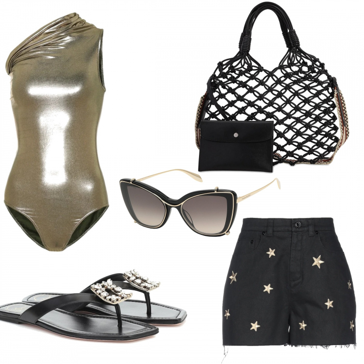 Outfit donna - Gold beach. Stile Chic per Mare. Abbinamento con shorts, occhiali da sole, costumi interi, shopping bag, infradito.