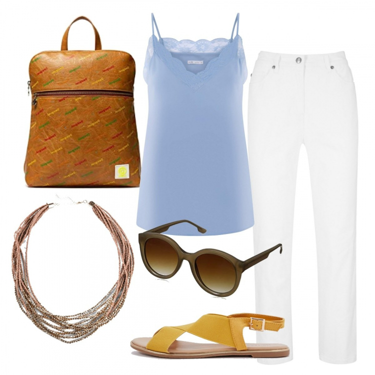 Outfit donna - Basic chic. Stile Basic per Tutti i giorni. Abbinamento con pantaloni, collane, sandali, canottiere, zaini, occhiali da sole.