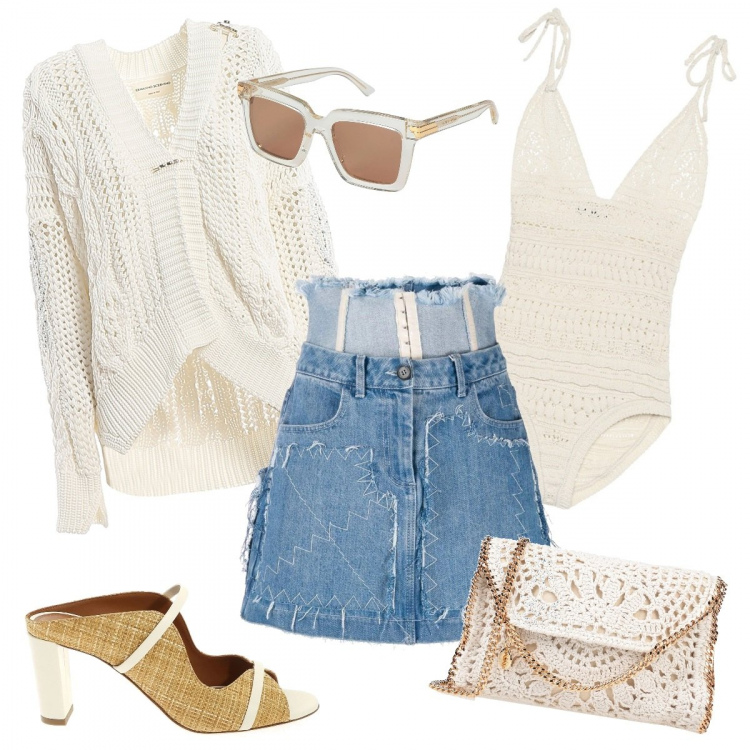 Outfit donna - Fresco cotone. Stile Trendy per Tutti i giorni. Abbinamento con borse a tracolla, occhiali da sole, minigonne, cardigans, corpo, sandali in pelle.