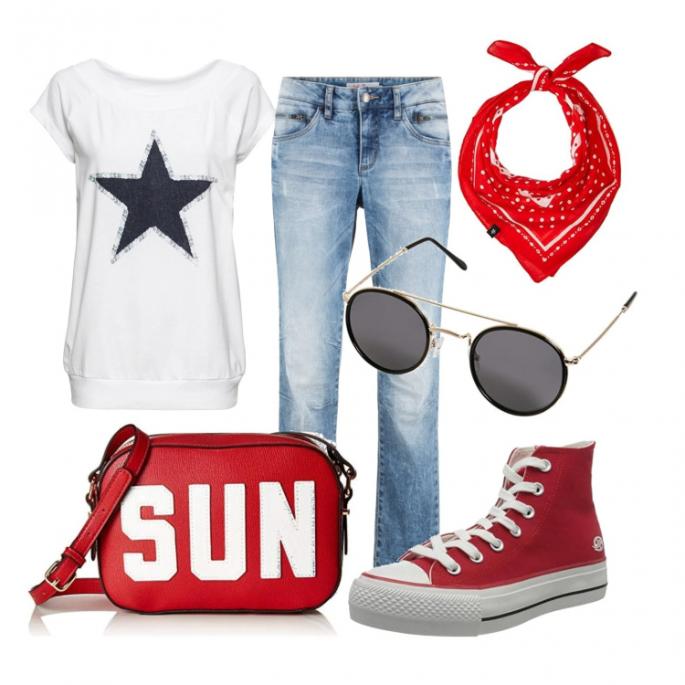 Outfit donna - Tora, tora, tora!. Stile Basic per Tutti i giorni. Abbinamento con t-shirt, jeans, sneakers, occhiali da sole, borse a tracolla, sciarpe.